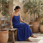 Blue Cotton Poplin Drop-Waist Camisole Maxi Tier Dress