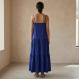 Blue Cotton Poplin Drop-Waist Camisole Maxi Tier Dress