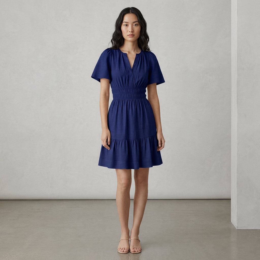Blue Cotton Poplin Elasticated Short Tier Dress