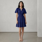 Blue Cotton Poplin Elasticated Short Tier Dress