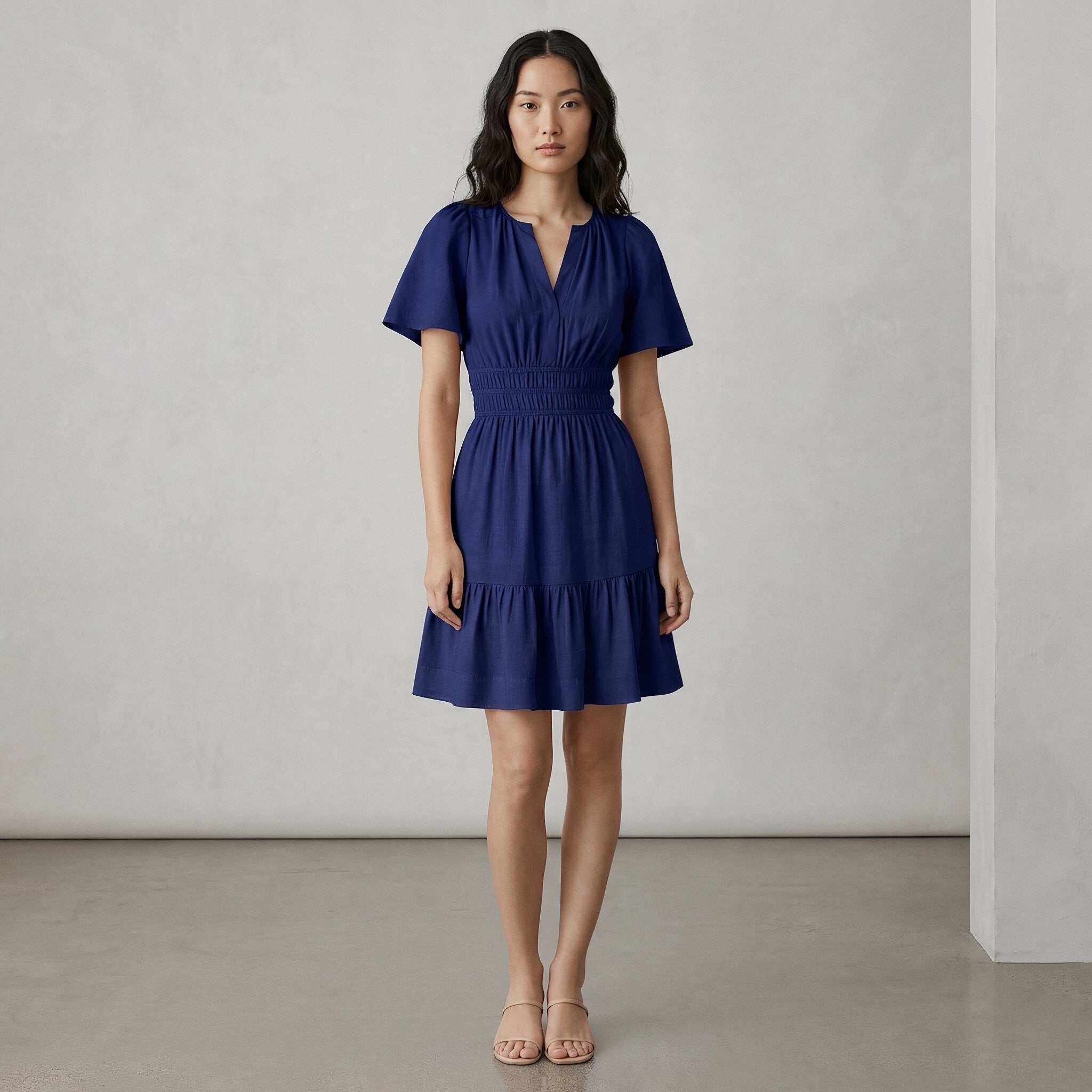 Blue Cotton Poplin Elasticated Short Tier Dress