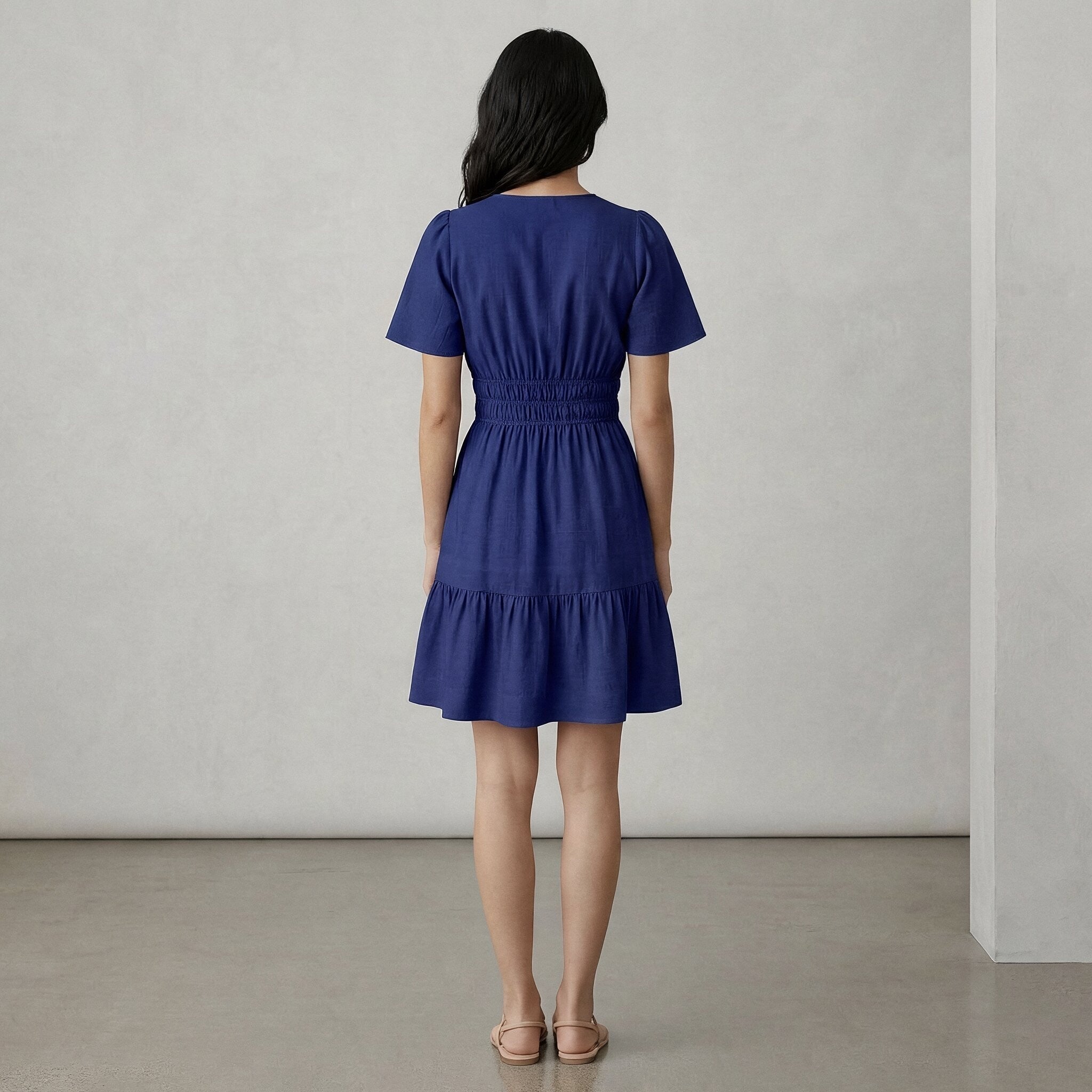 Blue Cotton Poplin Elasticated Short Tier Dress