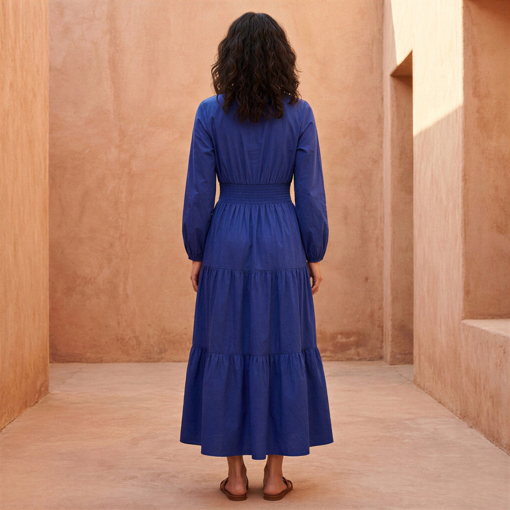 Blue Cotton Poplin Fit and Flare Maxi Tier Dress