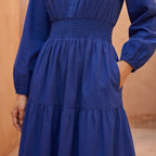 Blue Cotton Poplin Fit and Flare Maxi Tier Dress