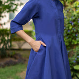 Blue Cotton Poplin Fit and Flare Short Button-Down Shirt Dress