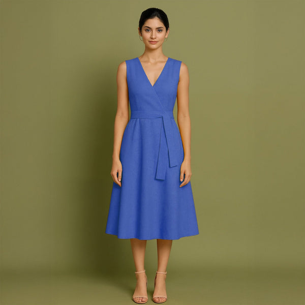 Blue Cotton Poplin Fit and Flare Sleeveless Midi Dress