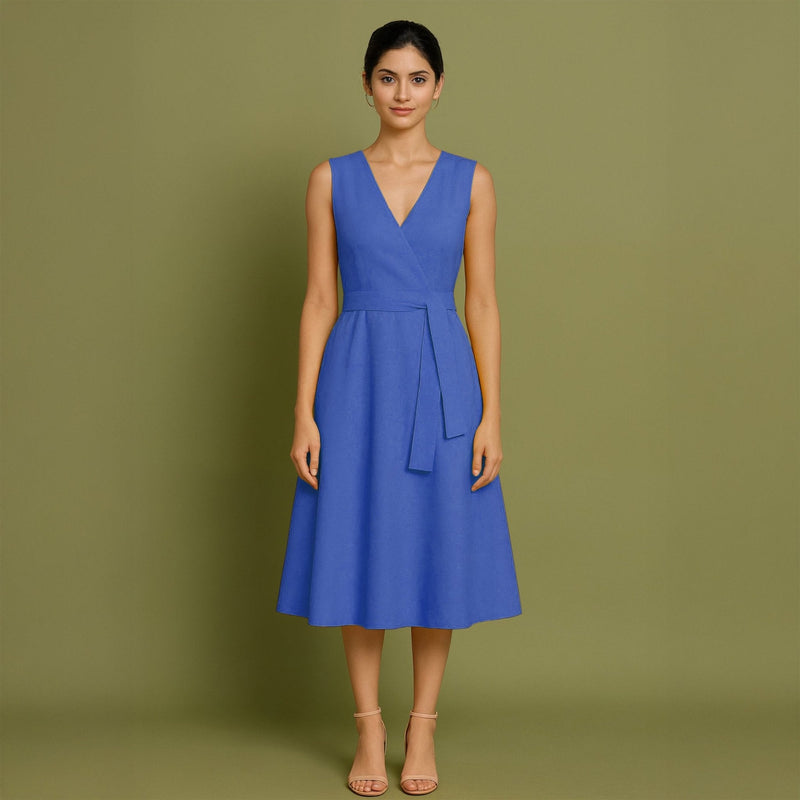 Blue Cotton Poplin Fit and Flare Sleeveless Midi Dress