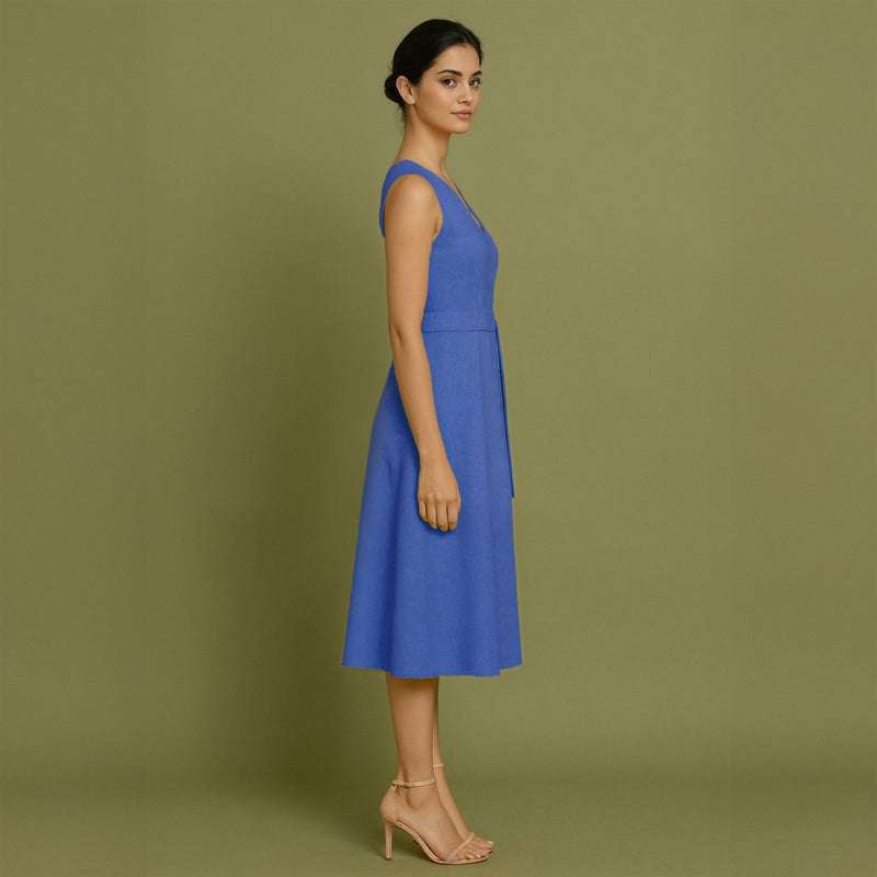 Blue Cotton Poplin Fit and Flare Sleeveless Midi Dress