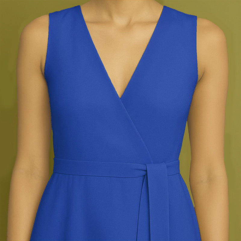 Blue Cotton Poplin Fit and Flare Sleeveless Midi Dress