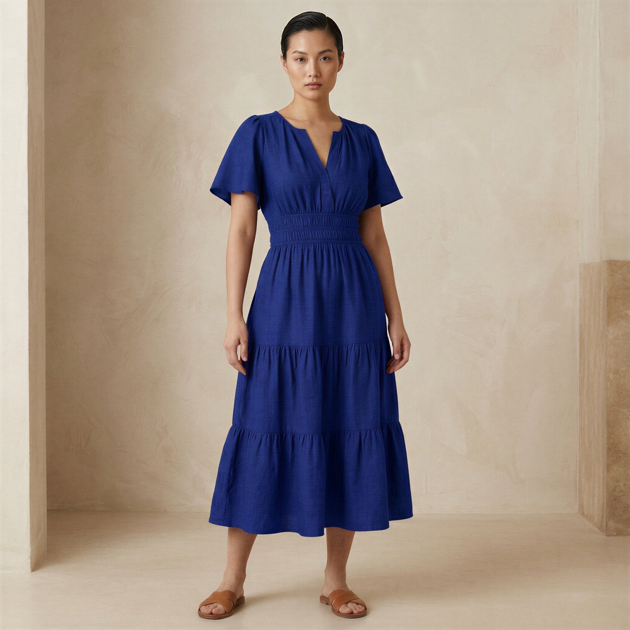Blue Cotton Poplin Flutter Sleeve Tie-Back Tiered Midi Dress