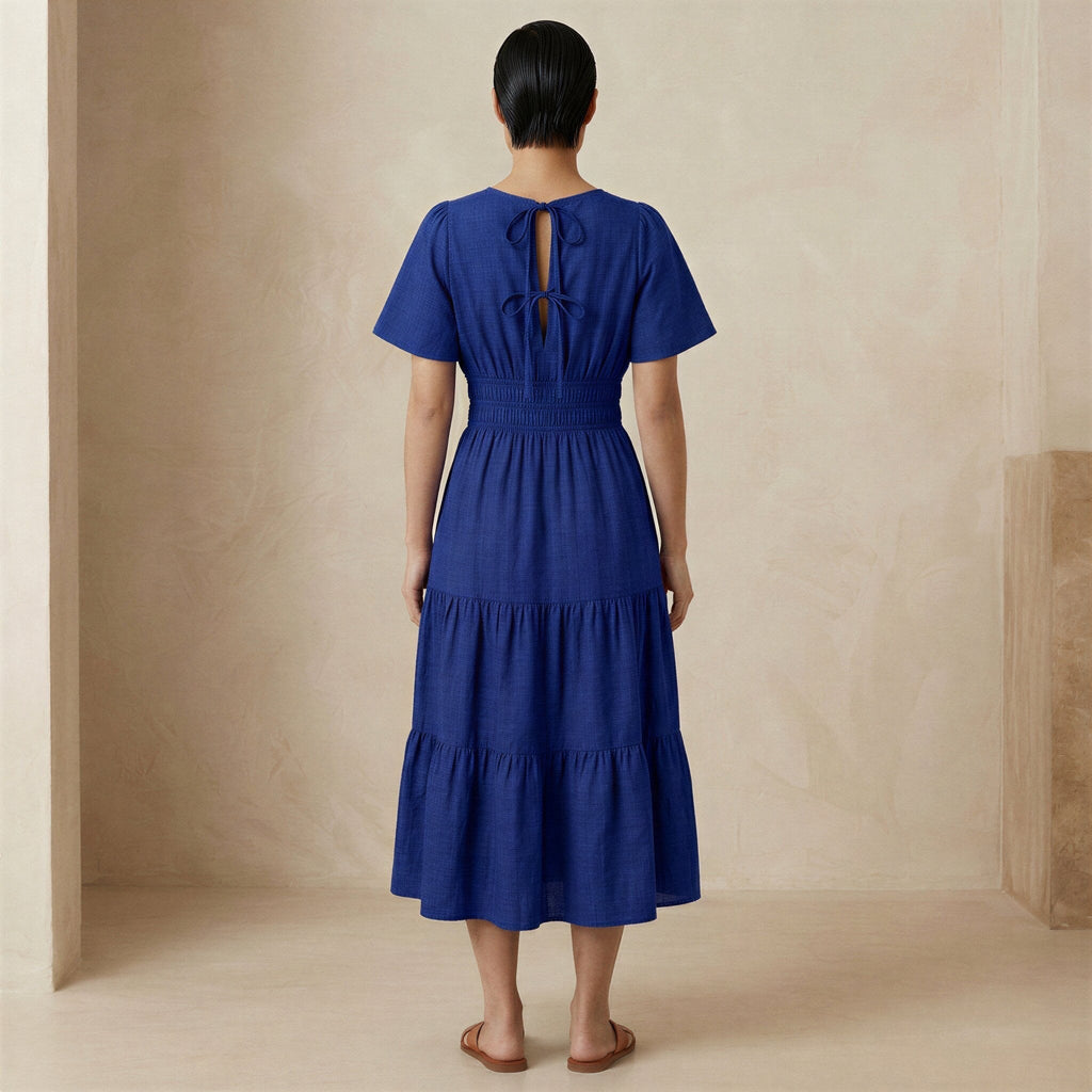 Blue Cotton Poplin Flutter Sleeve Tie-Back Tiered Midi Dress
