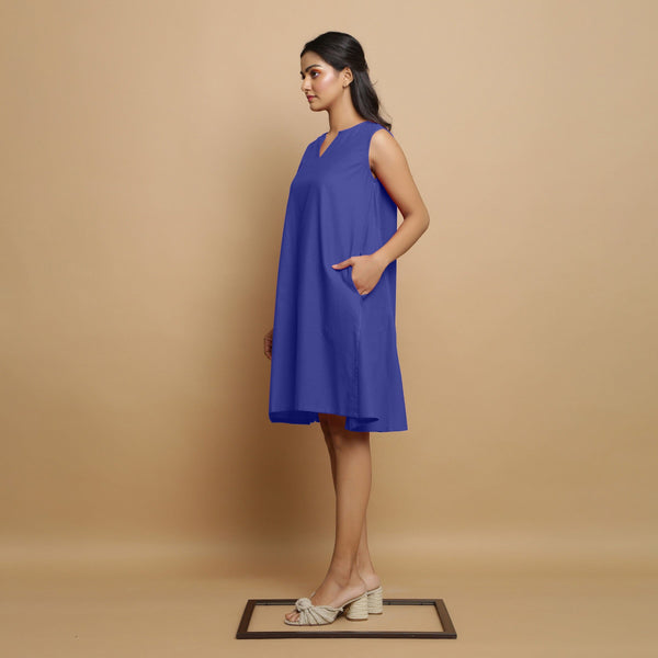 Blue Cotton Poplin Hand Embroidered Knee-Length Godet Dress