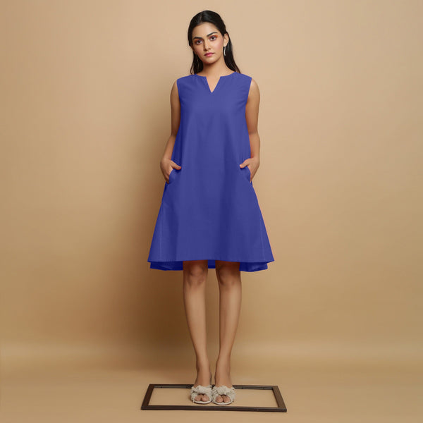Blue Cotton Poplin Hand Embroidered Knee-Length Godet Dress