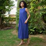 Blue Cotton Poplin High-Rise Flared Sleeveless Jumpsuit