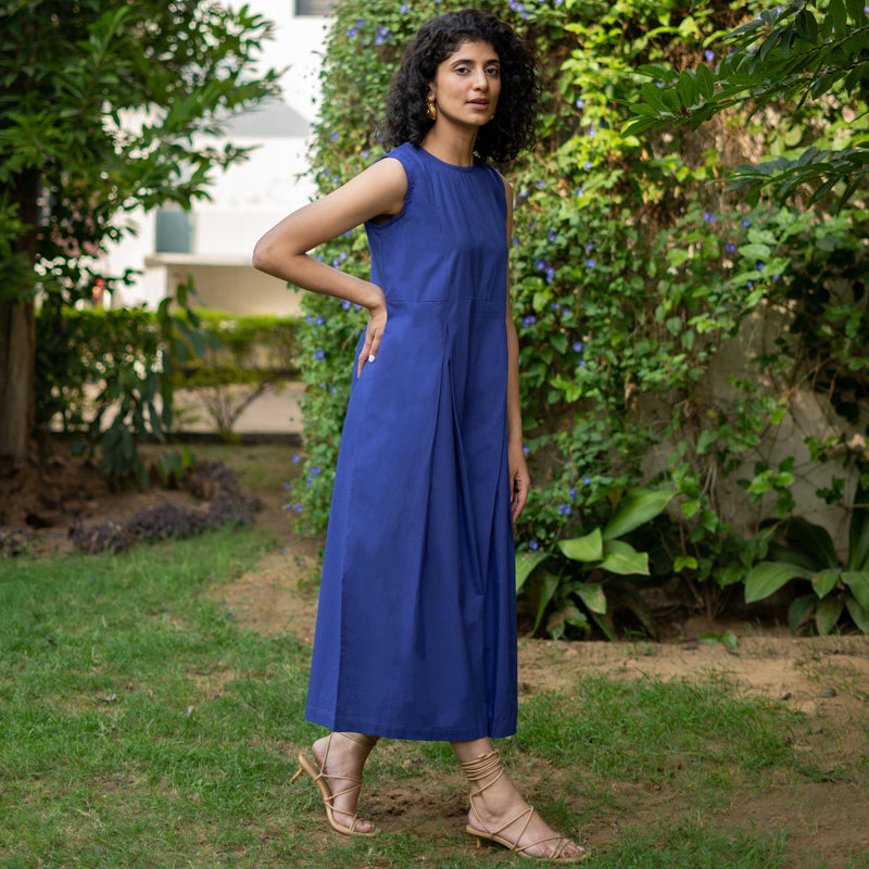 Blue Cotton Poplin High-Rise Flared Sleeveless Jumpsuit