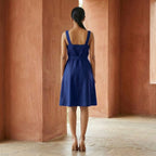 Blue Cotton Poplin Knee Length Princess Line Dress