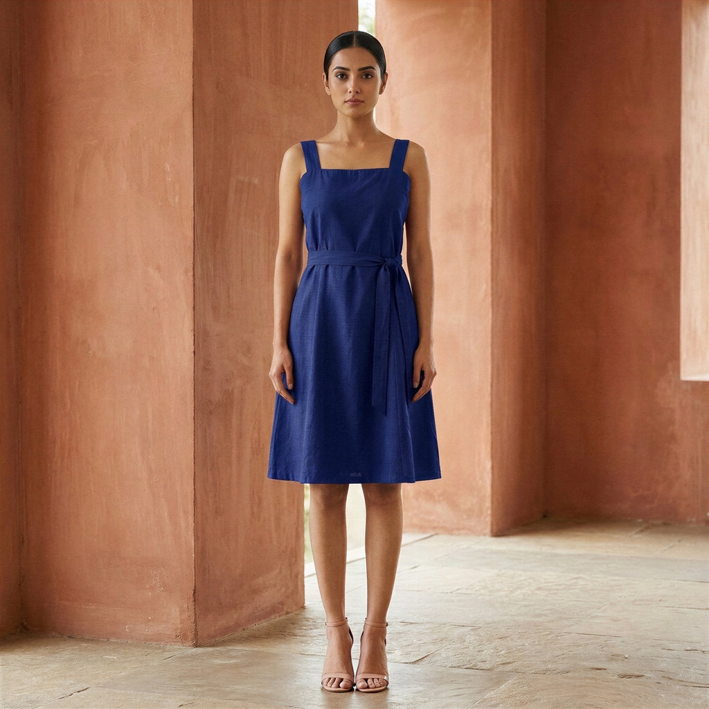 Blue Cotton Poplin Knee Length Princess Line Dress