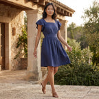 Blue Cotton Poplin Open-Back Fit and Flare Knee Length Dress