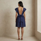 Blue Cotton Poplin Open-Back Fit and Flare Knee Length Dress