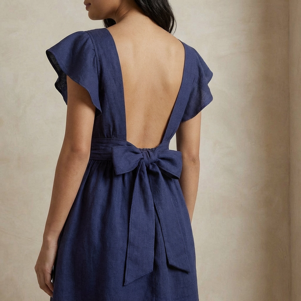 Blue Cotton Poplin Open-Back Fit and Flare Knee Length Dress