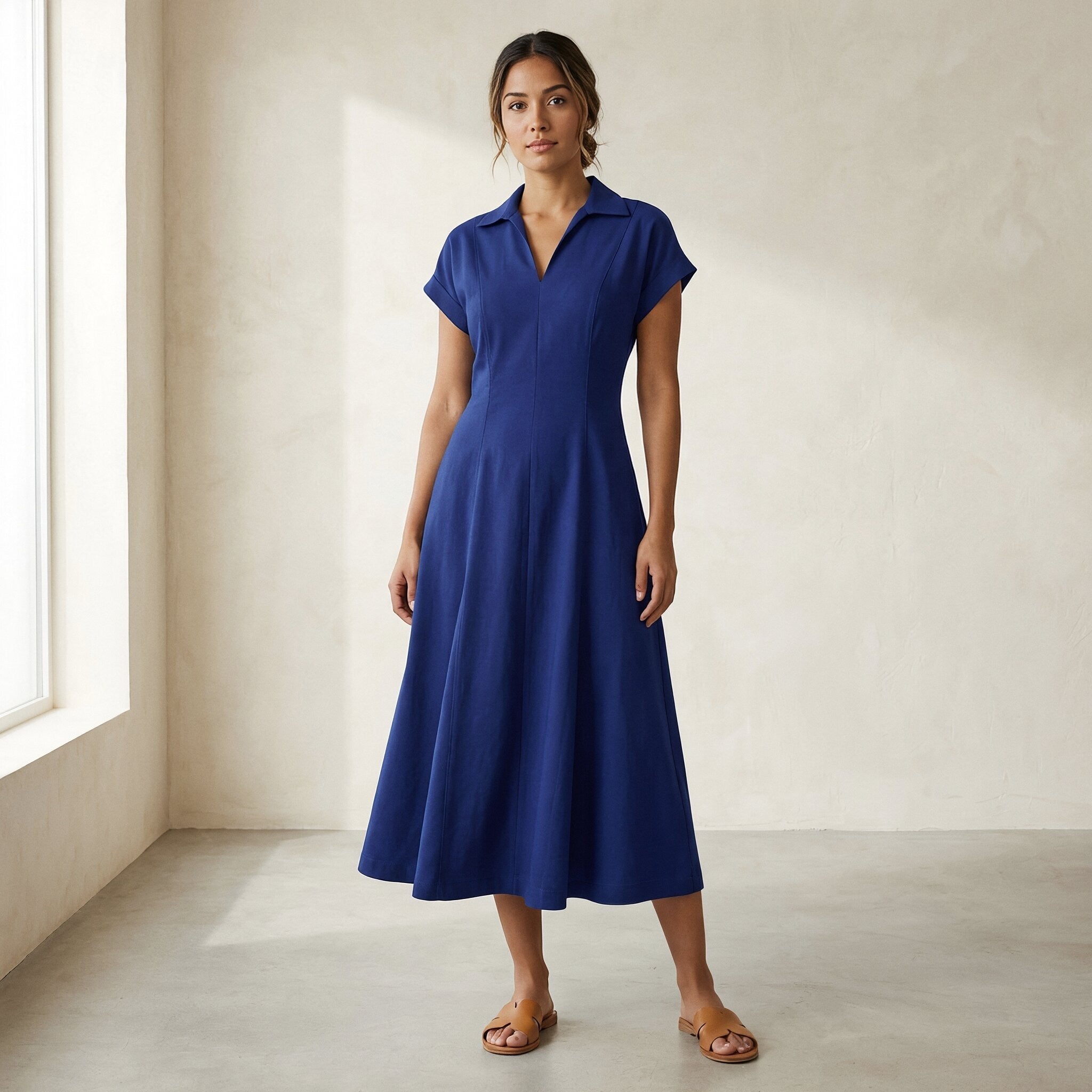 Blue Cotton Poplin Paneled A-Line Midi Dress
