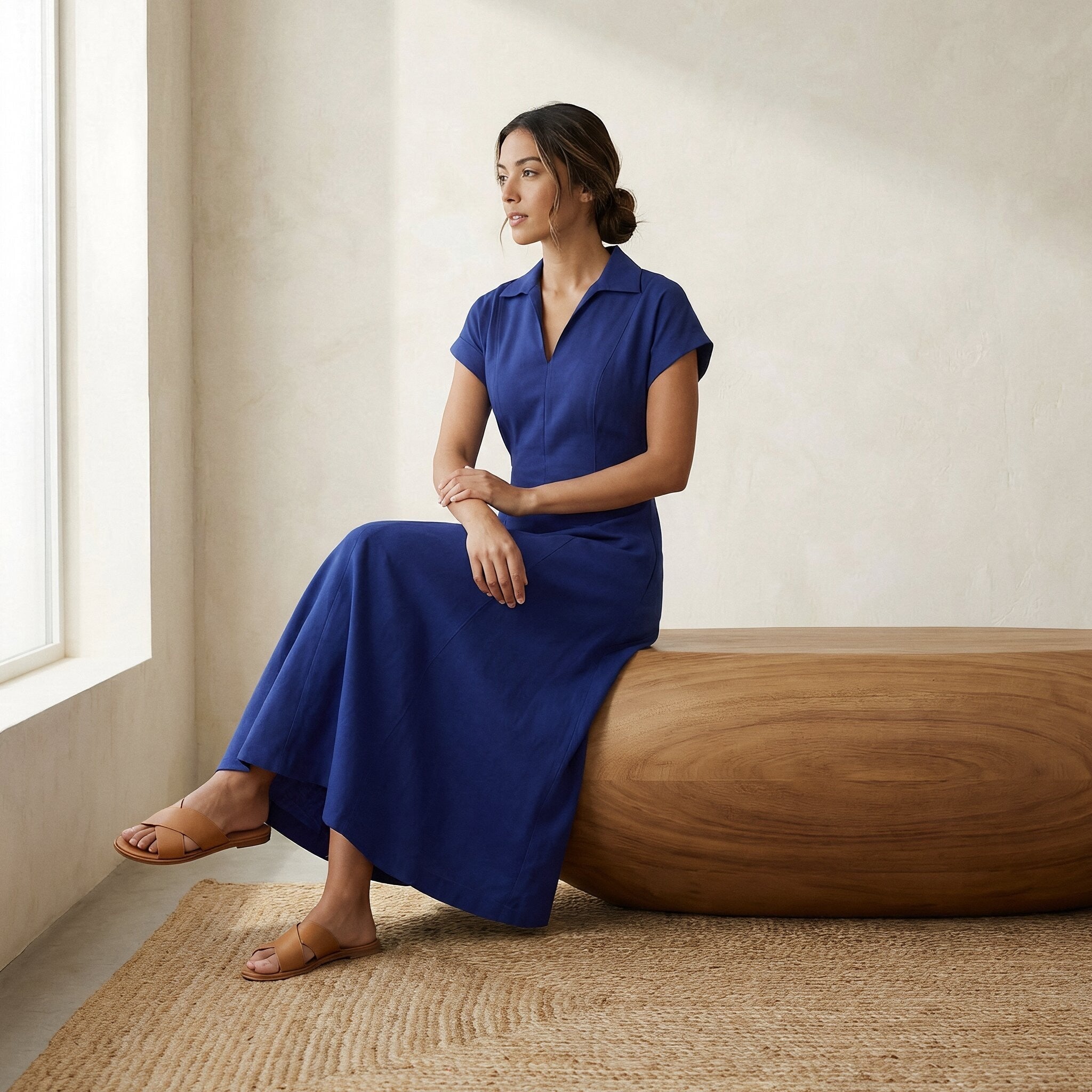 Blue Cotton Poplin Paneled A-Line Midi Dress