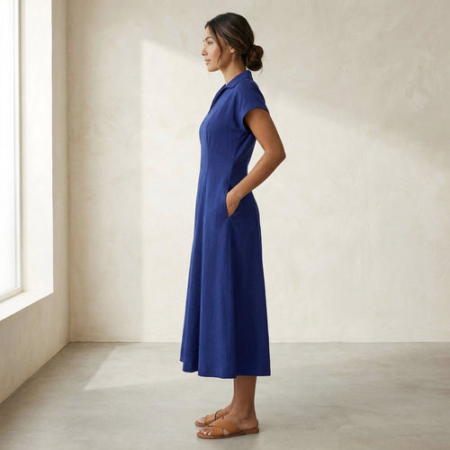 Blue Cotton Poplin Paneled A-Line Midi Dress