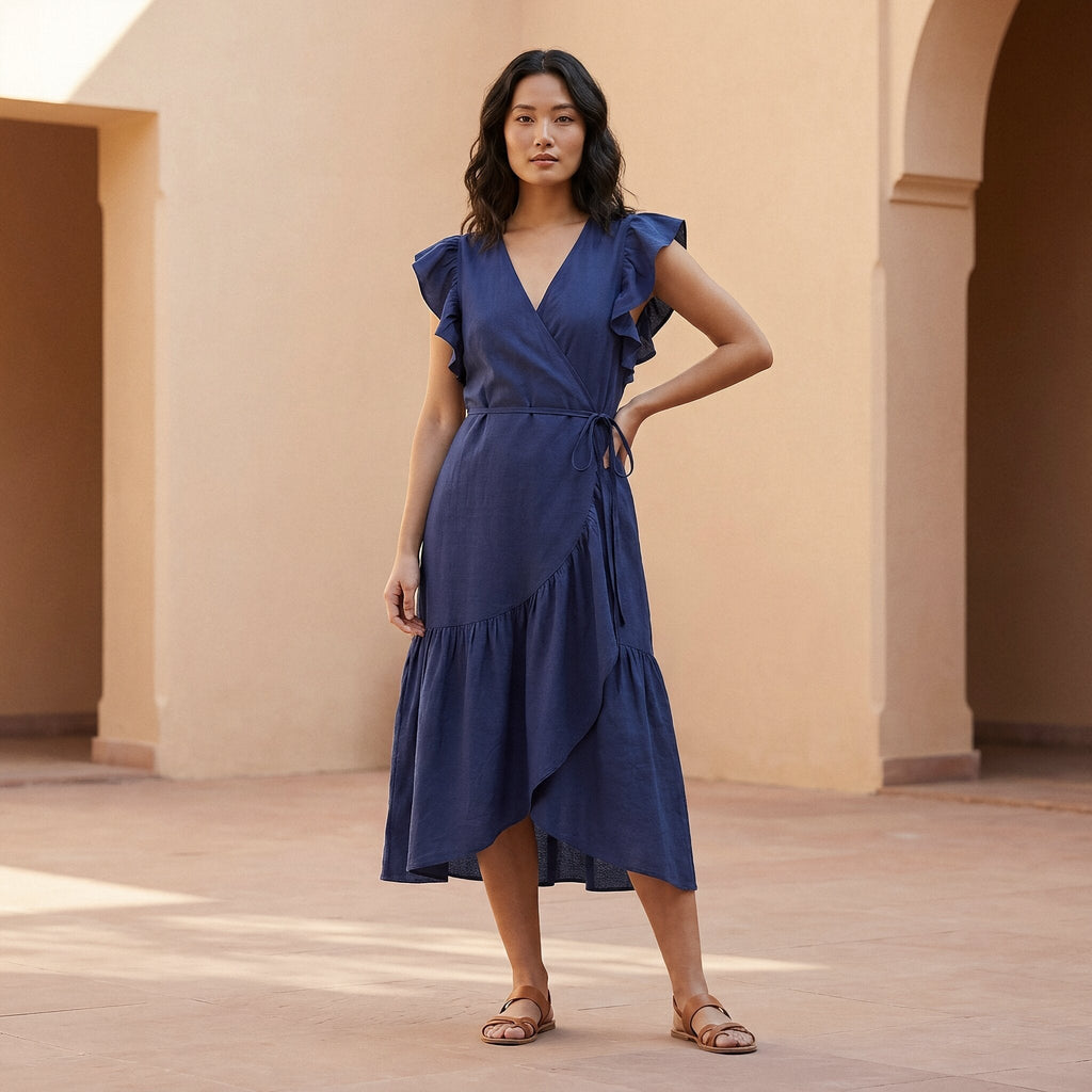 Blue Cotton Poplin Ruffle Midi Wrap Dress