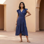 Blue Cotton Poplin Ruffle Midi Wrap Dress