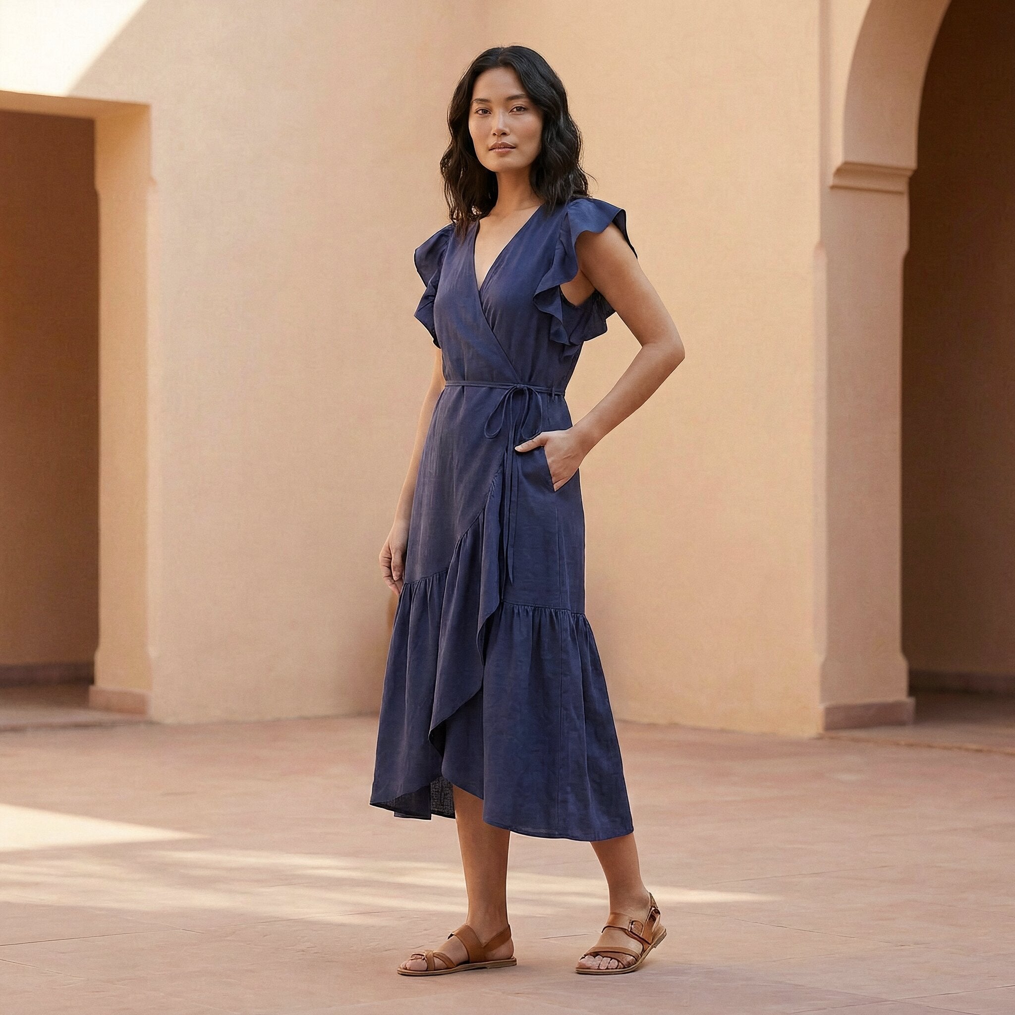 Blue Cotton Poplin Ruffle Midi Wrap Dress