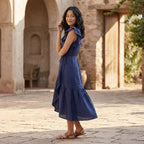 Blue Cotton Poplin Ruffle Midi Wrap Dress