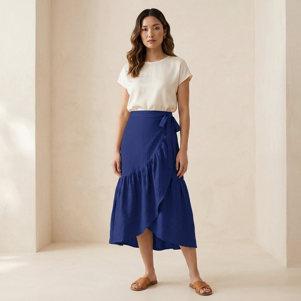 Blue Cotton Poplin Ruffle Midi Wrap Skirt