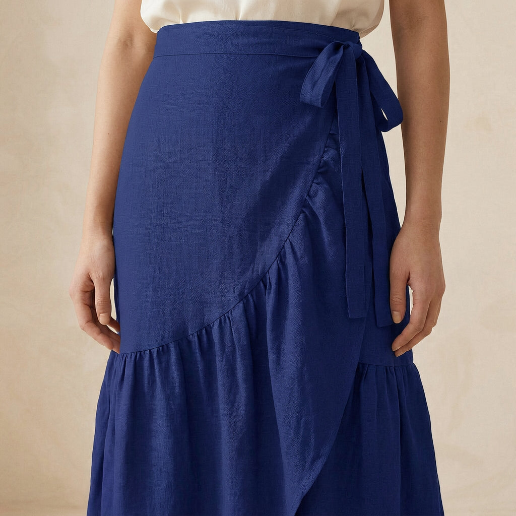 Blue Cotton Poplin Ruffle Midi Wrap Skirt