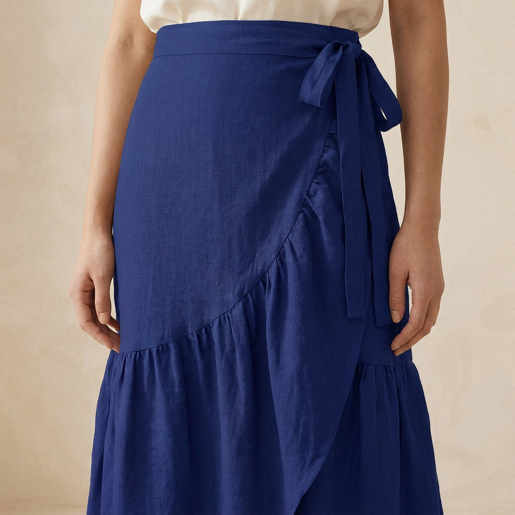 Blue Cotton Poplin Ruffle Midi Wrap Skirt
