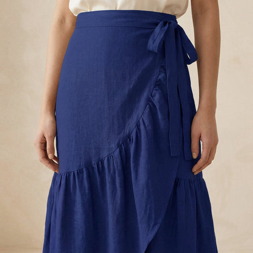 Blue Cotton Poplin Ruffle Midi Wrap Skirt