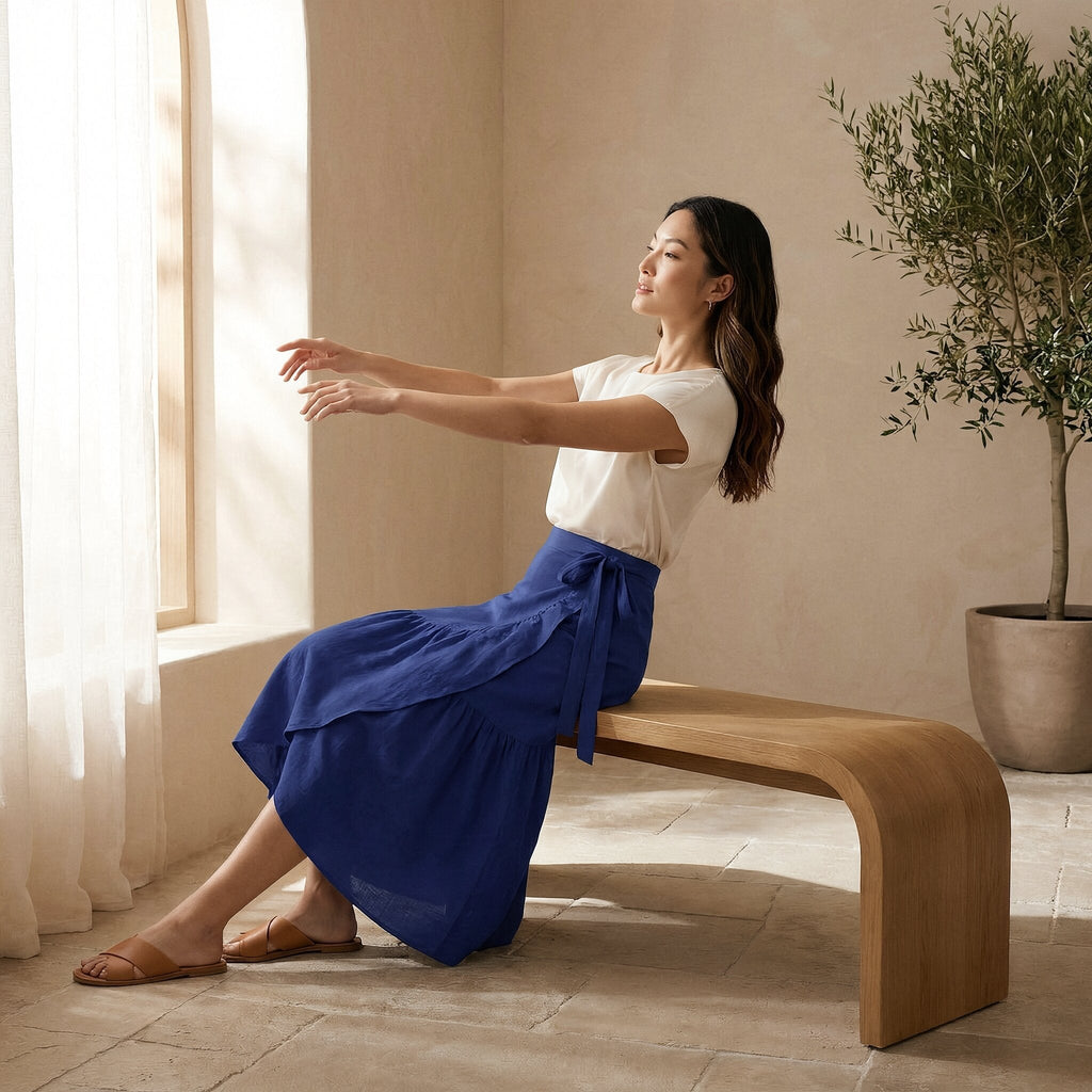 Blue Cotton Poplin Ruffle Midi Wrap Skirt