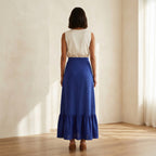 Blue Cotton Poplin Ruffle-Slit A-Line Maxi Skirt