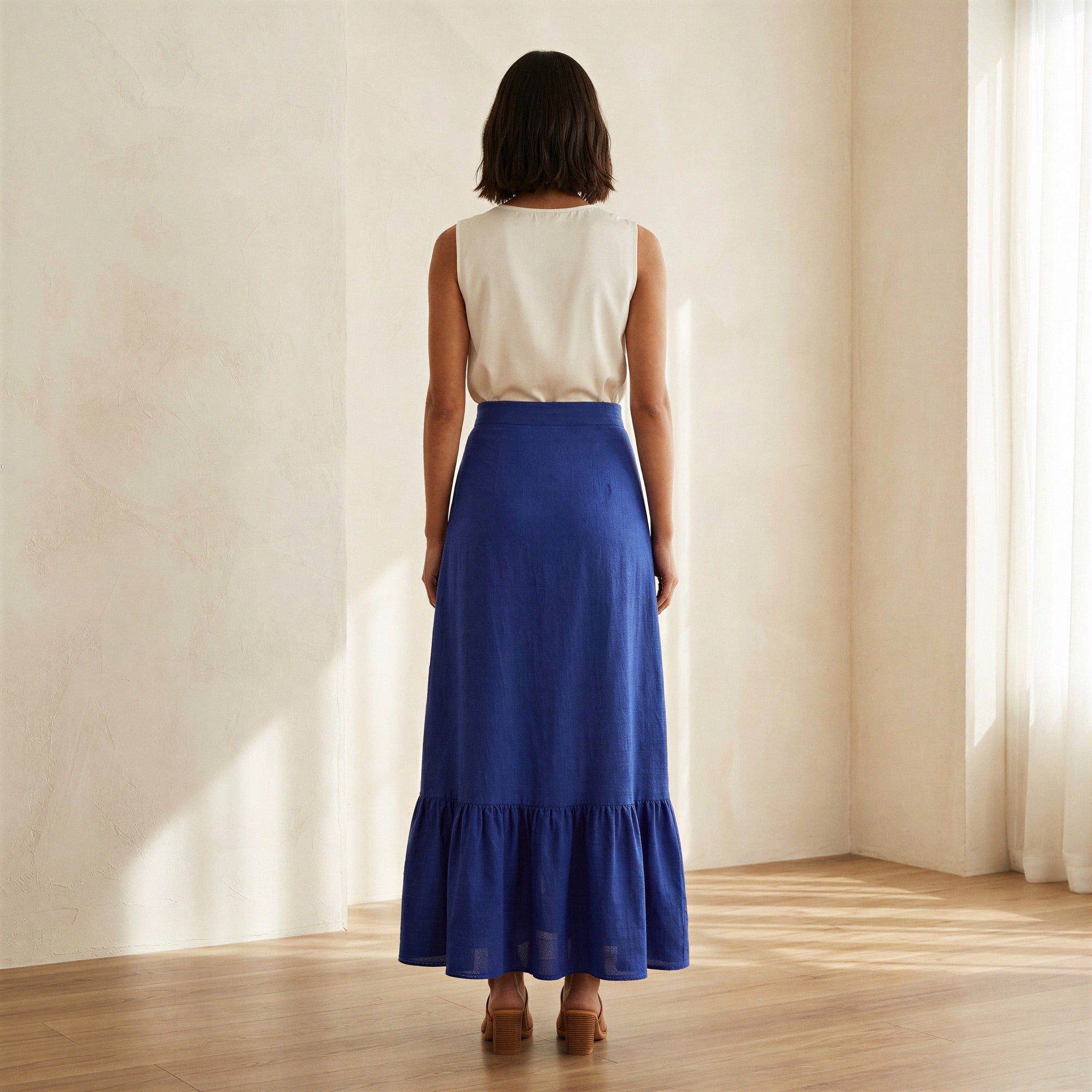 Blue Cotton Poplin Ruffle-Slit A-Line Maxi Skirt