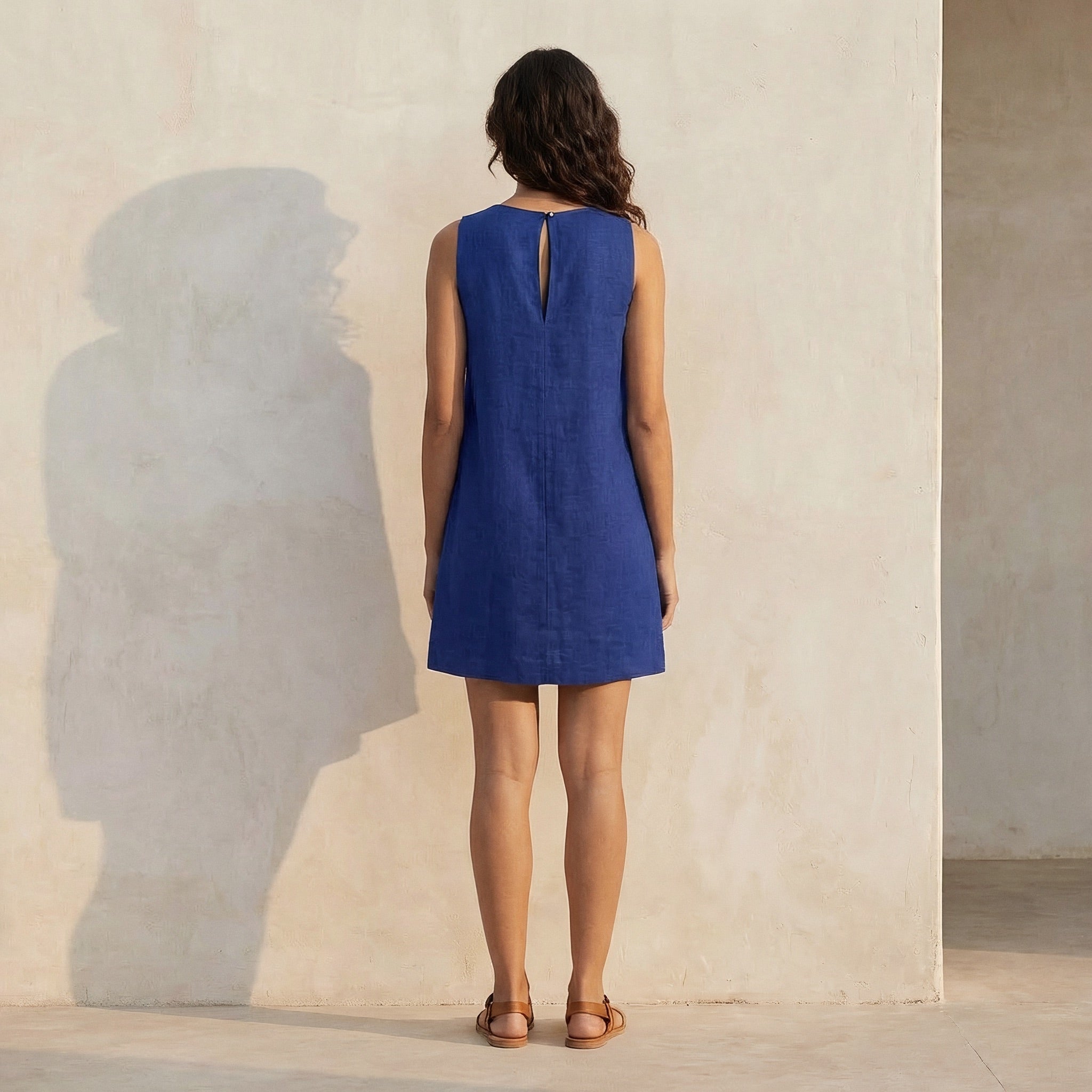 Blue Cotton Poplin Sleeveless A-Line Short Shift Dress