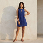 Blue Cotton Poplin Sleeveless A-Line Short Shift Dress
