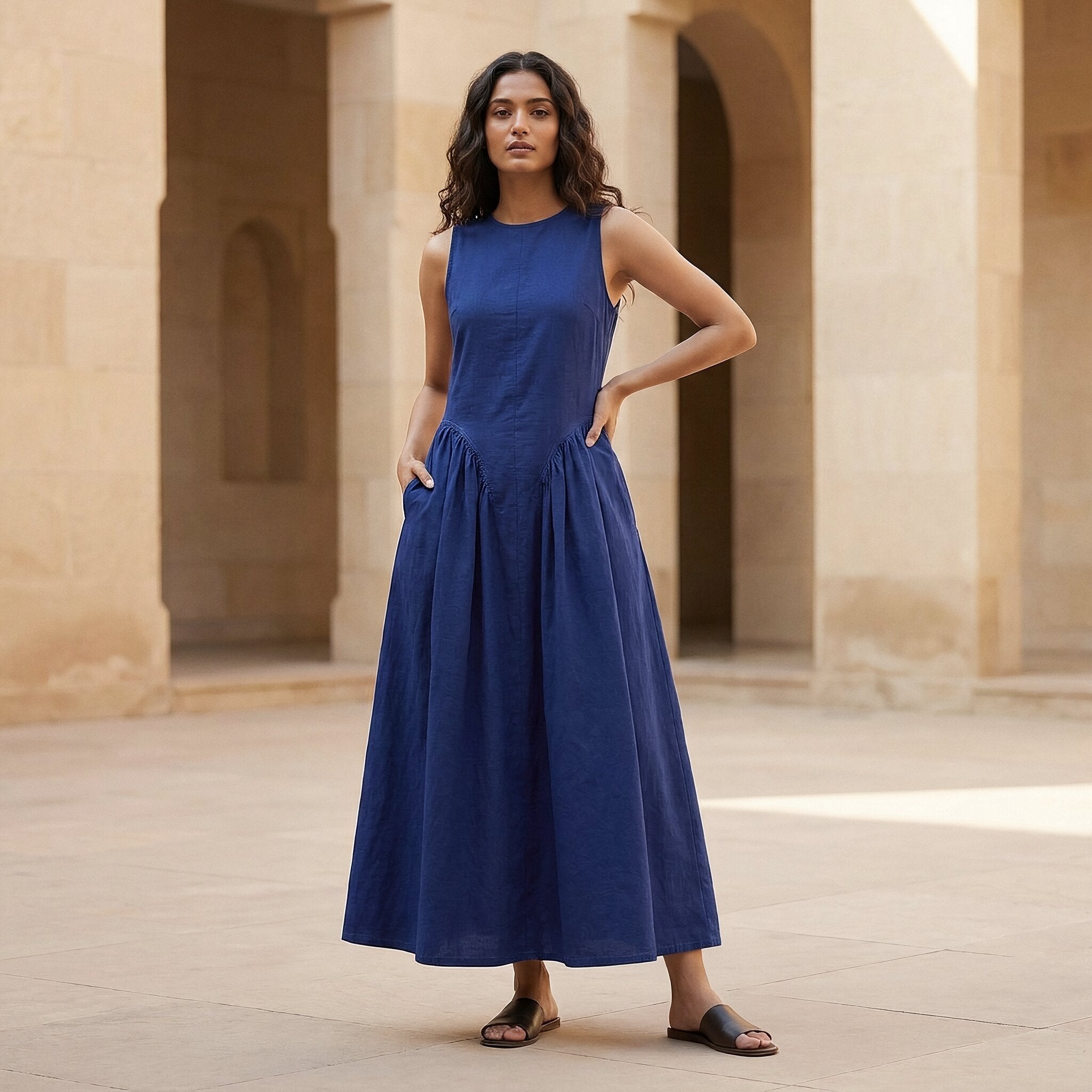 Blue Cotton Poplin Sleeveless Paneled Maxi Dress