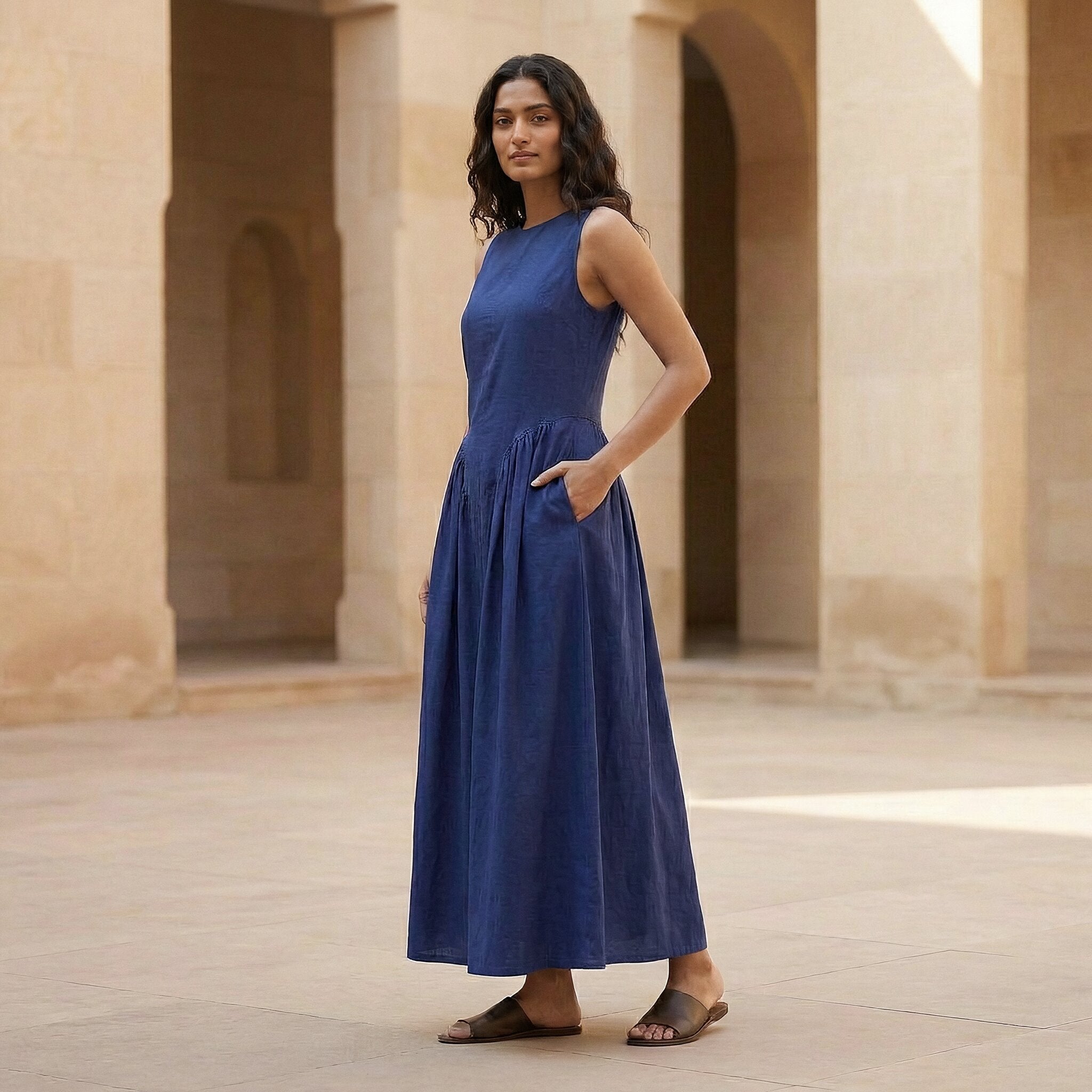 Blue Cotton Poplin Sleeveless Paneled Maxi Dress