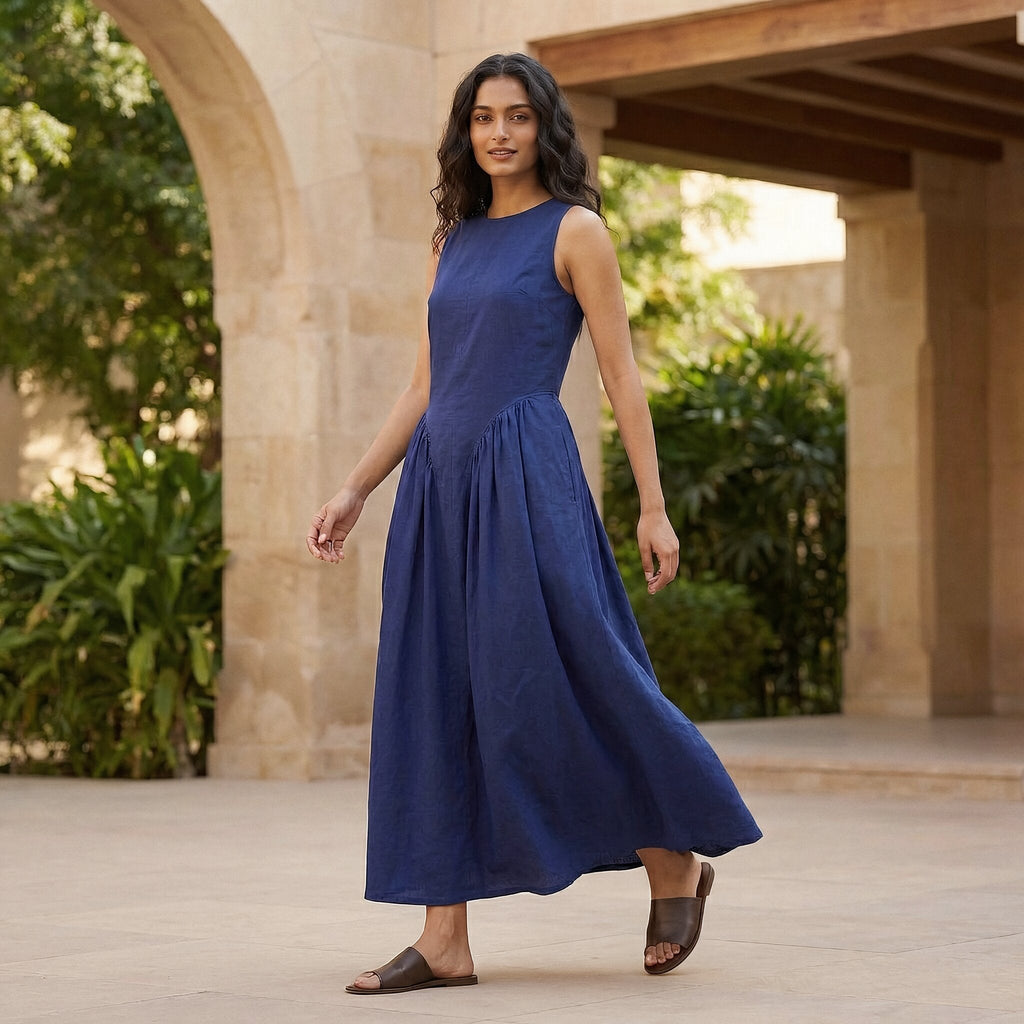 Blue Cotton Poplin Sleeveless Paneled Maxi Dress