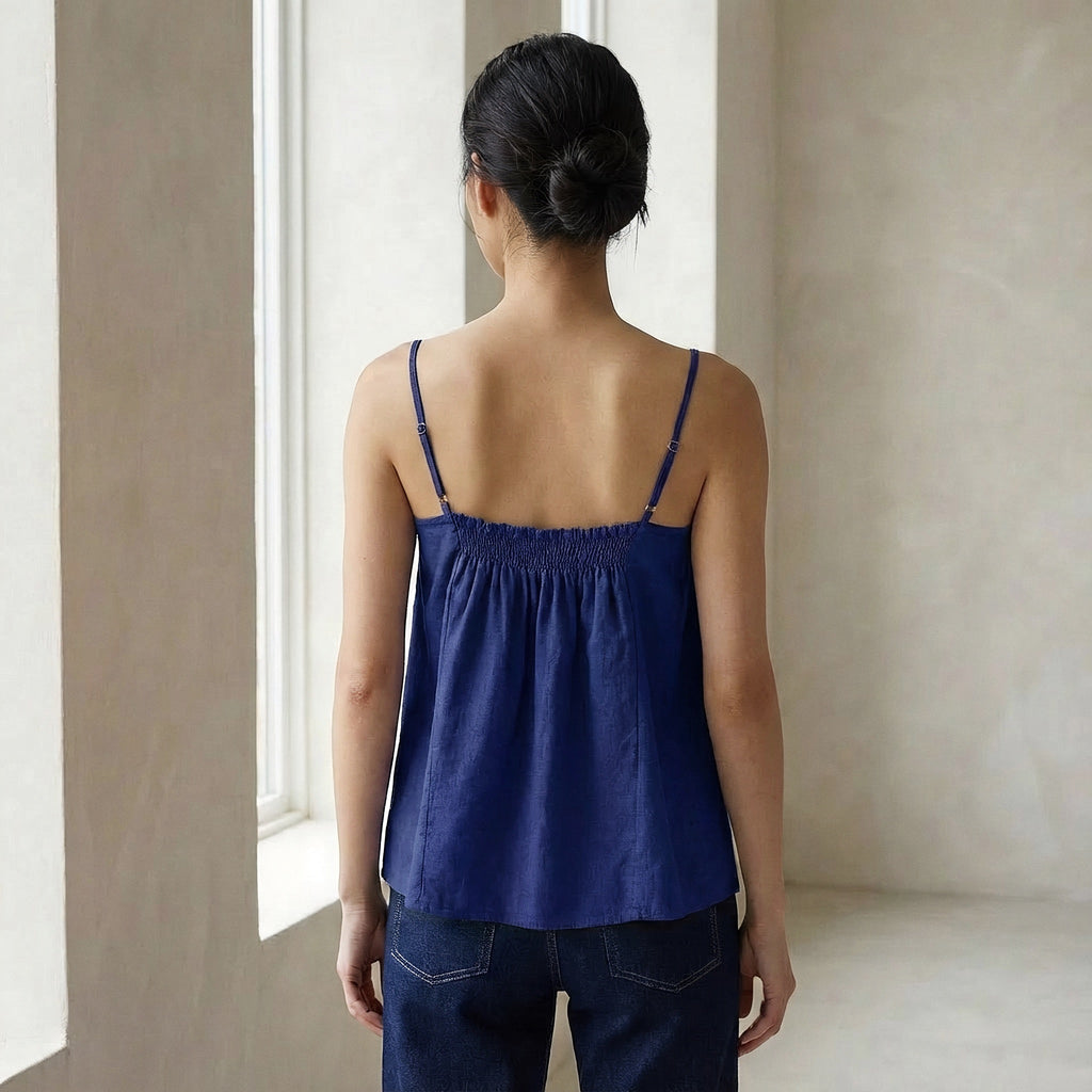 Blue Cotton Poplin Spaghetti Strap Top with Elastic Gathered Back