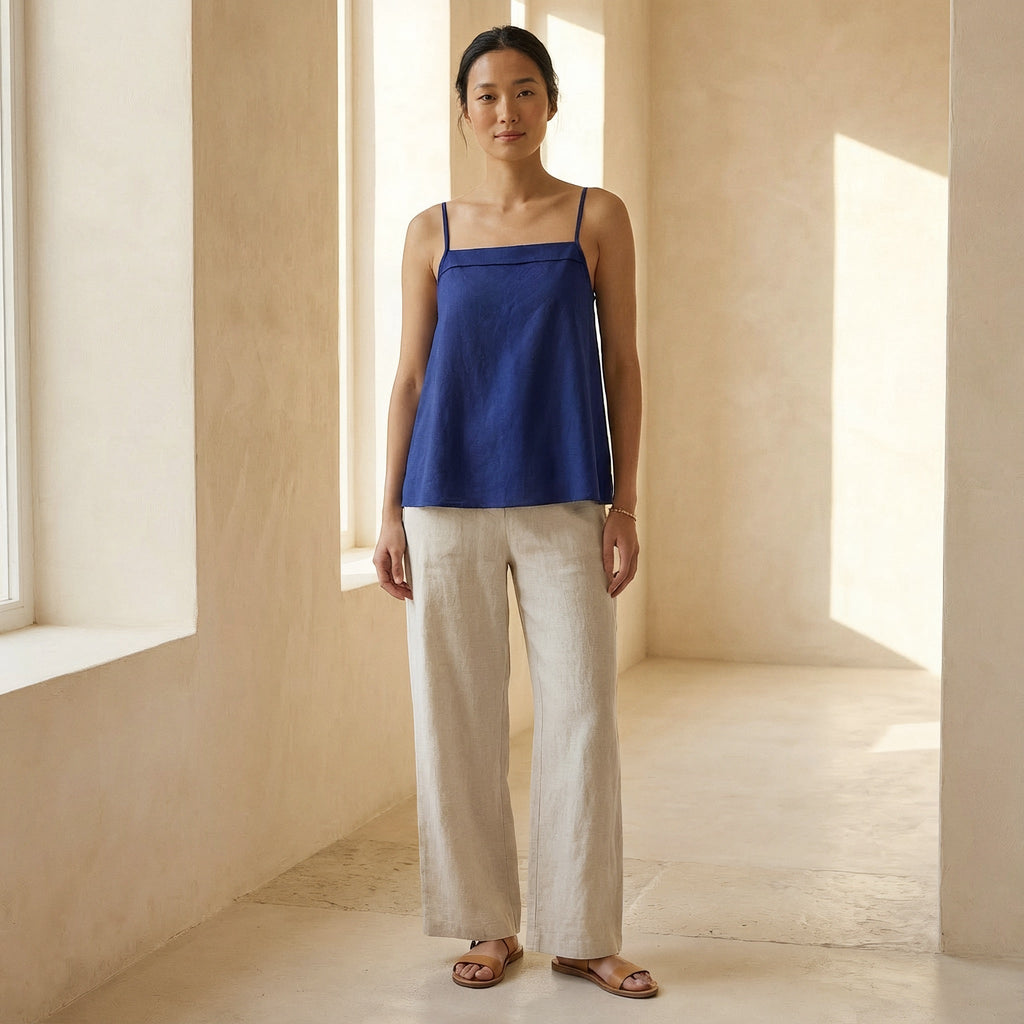 Blue Cotton Poplin Spaghetti Strap Top with Elastic Gathered Back
