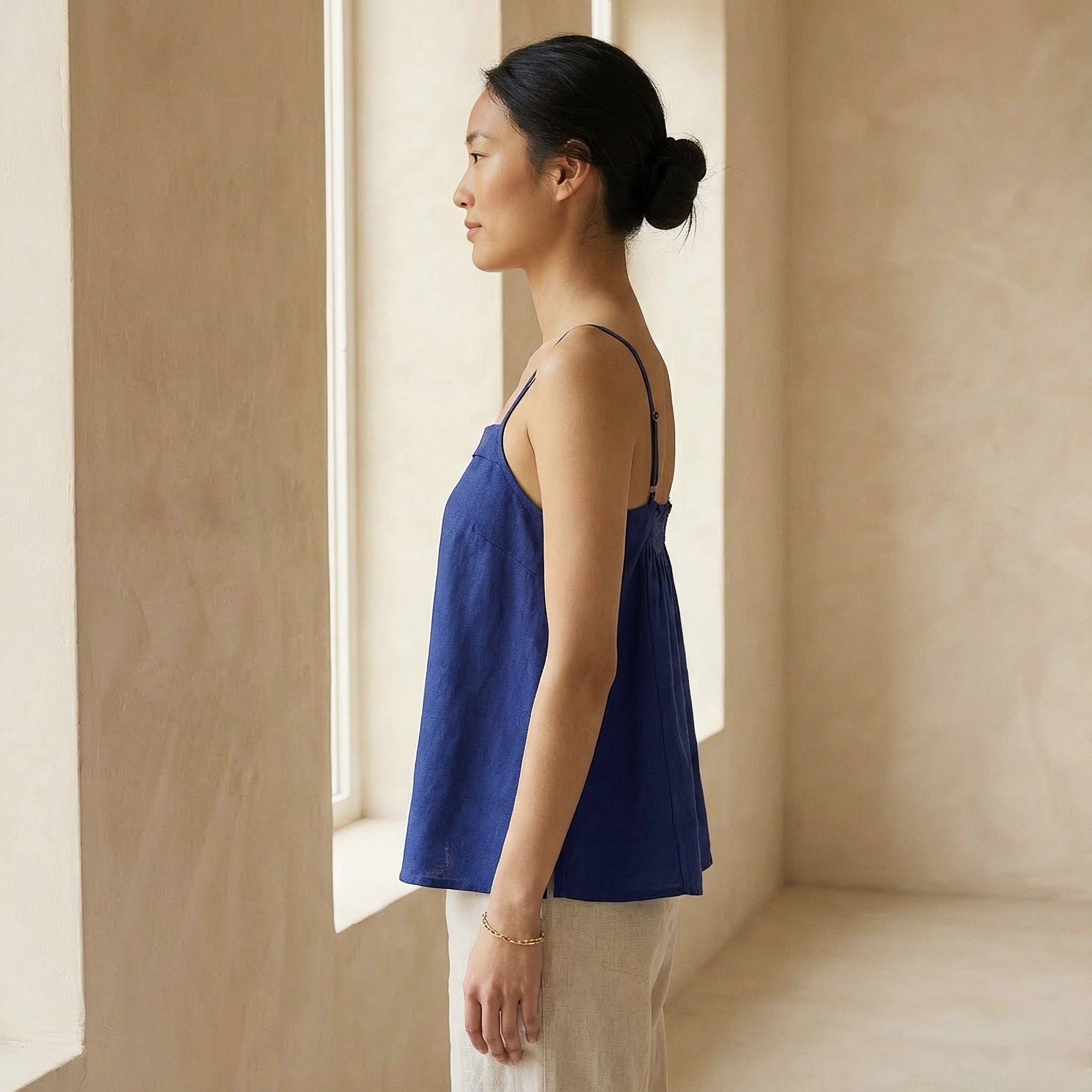 Blue Cotton Poplin Spaghetti Strap Top with Elastic Gathered Back