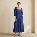 Blue Cotton Poplin Square Neck Tiered Midi Dress