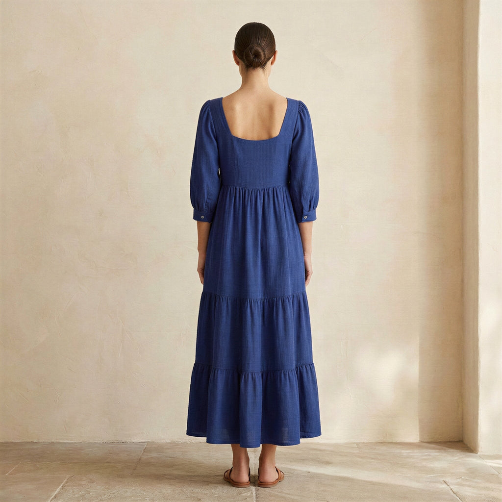 Blue Cotton Poplin Square Neck Tiered Midi Dress