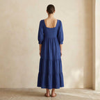 Blue Cotton Poplin Square Neck Tiered Midi Dress