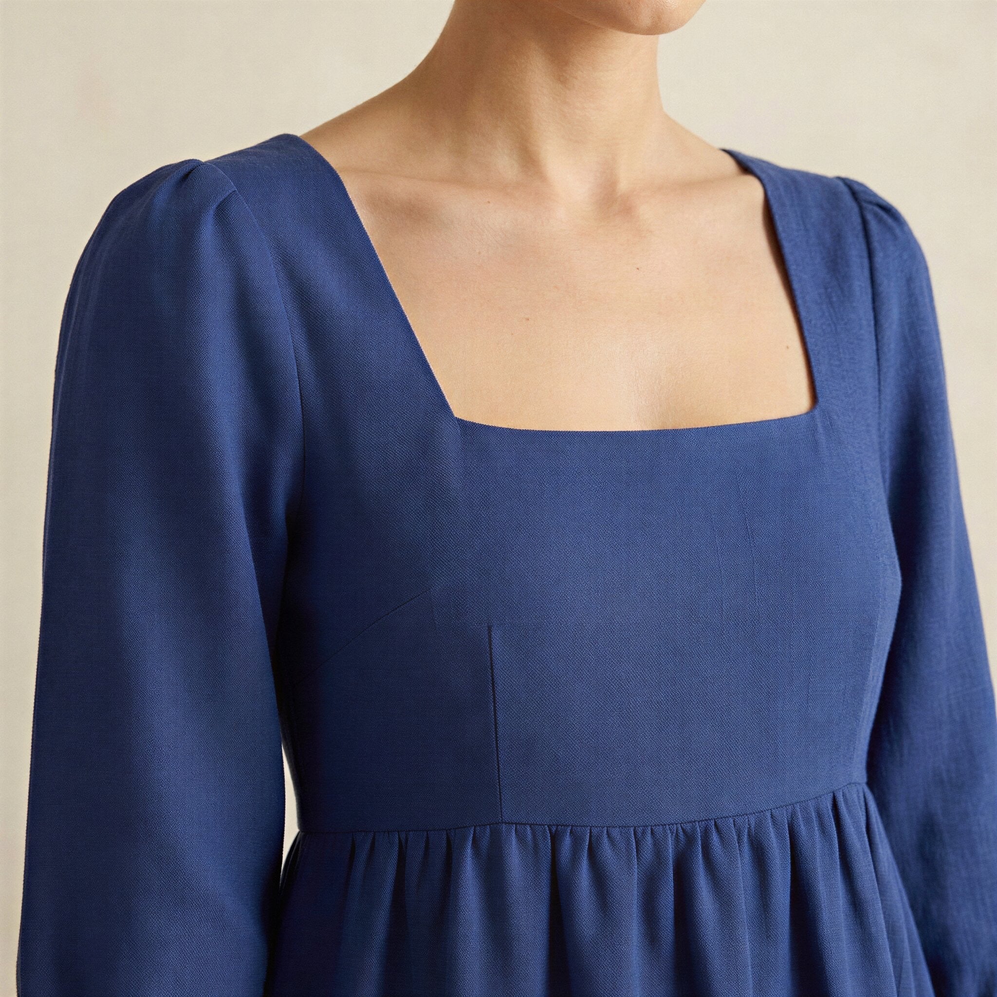 Blue Cotton Poplin Square Neck Tiered Midi Dress